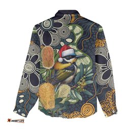 Aussie Honeyeaters Banksia Christmas Women Casual Shirt Aboriginal Dots Painting Blue Motif LT9