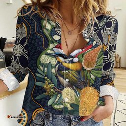 Aussie Honeyeaters Banksia Christmas Women Casual Shirt Aboriginal Dots Painting Blue Motif LT9