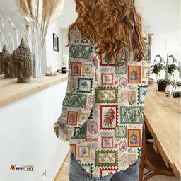 Aussie Birds Christmas La La Land Women Casual Shirt Beige Vintage Stamp Edition LT9