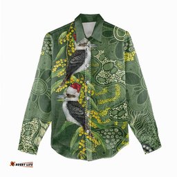 Aussie Kokaburra Golden Wattle Christmas Women Casual Shirt Aboriginal Dots Painting Green Motif LT9