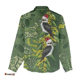 Aussie Kokaburra Golden Wattle Christmas Women Casual Shirt Aboriginal Dots Painting Green Motif LT9