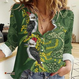 Aussie Kokaburra Golden Wattle Christmas Women Casual Shirt Aboriginal Dots Painting Green Motif LT9