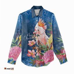 Australia Christmas Pink Cockatoo with Banksia Women Casual Shirt Snowy Blue LT7