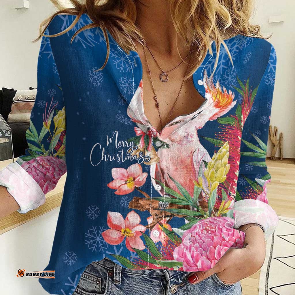 Australia Christmas Pink Cockatoo with Banksia Women Casual Shirt Snowy Blue LT7