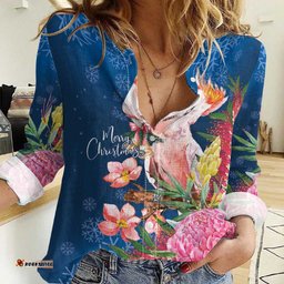 Australia Christmas Pink Cockatoo with Banksia Women Casual Shirt Snowy Blue LT7