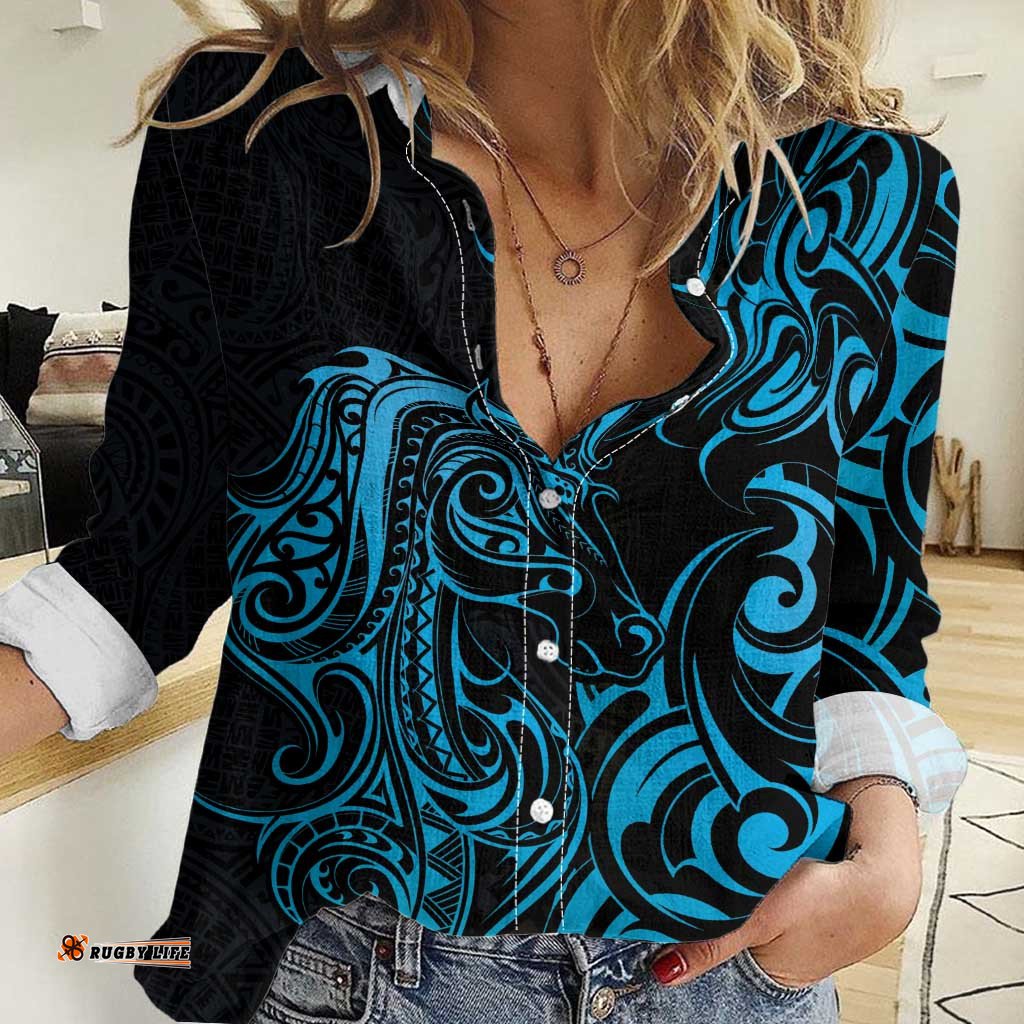 Blue Aoteara Horse Racing Women Casual Shirt NZ Maori Pattern LT14