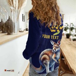 Blue Kangaroo and Golden Wattle Personalised Women Casual Shirt Happy Australia Day 6 January LT9