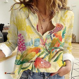 Birds and Floral Aussie Lorikeet Women Casual Shirt Pastel Yellow LT7