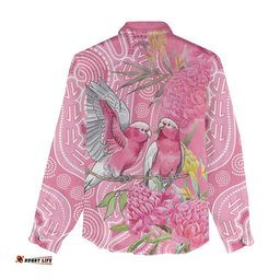 Australia Pink Galah Women Casual Shirt Rose-breasted Cockatoo Waratah Indigenous Art LT14