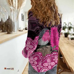 Australia Indigenous Women Casual Shirt Breast Cancer Pink Robin Bottlebrush Aboriginal Art LT14