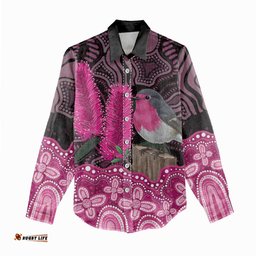 Australia Indigenous Women Casual Shirt Breast Cancer Pink Robin Bottlebrush Aboriginal Art LT14