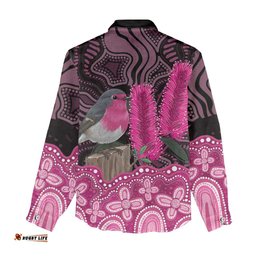 Australia Indigenous Women Casual Shirt Breast Cancer Pink Robin Bottlebrush Aboriginal Art LT14