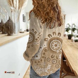 Beige Lizards Australia Women Casual Shirt Boomerang Indigenous Art LT14
