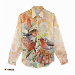 Australia Flame Robin Women Casual Shirt Petroica Phoenicea Banksia Indigenous Art LT14