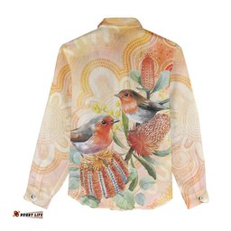 Australia Flame Robin Women Casual Shirt Petroica Phoenicea Banksia Indigenous Art LT14