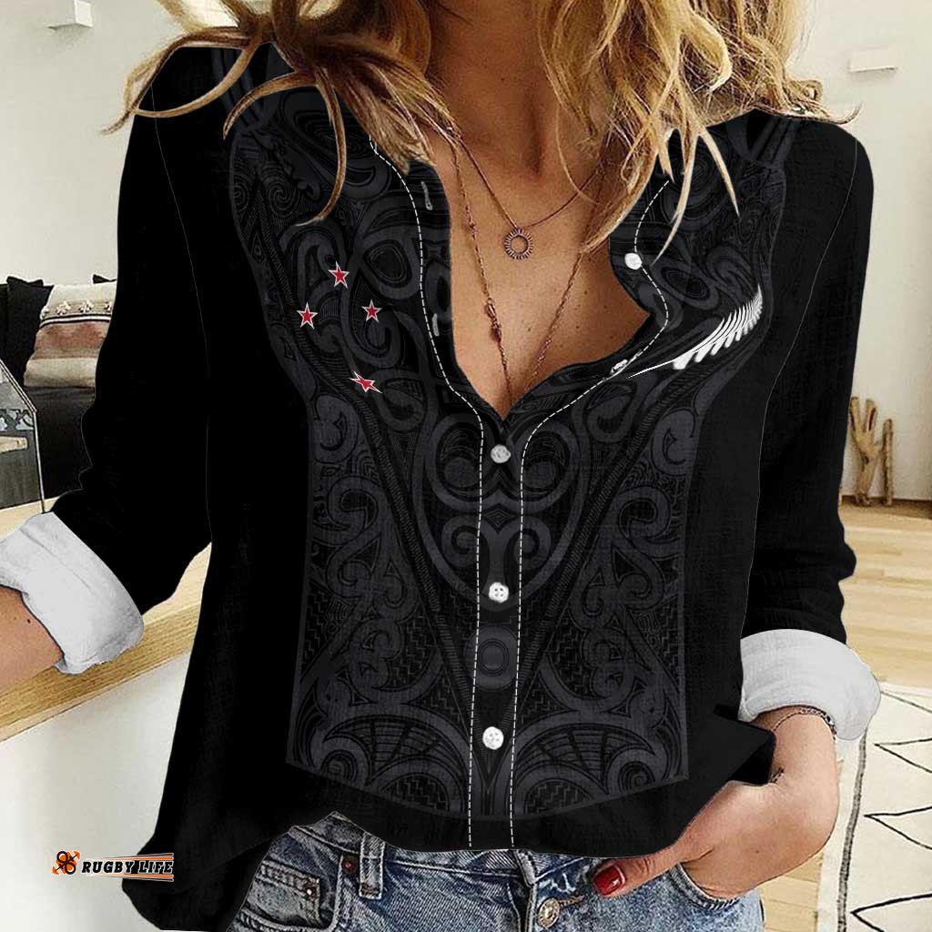 Custom Aotearoa Rugby Women Casual Shirt Fern Blacks-Traditional Maori Motifs Design LT03