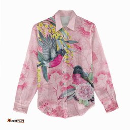Birds and Floral Aussie Pink Robins Women Casual Shirt Rosy Glow LT7