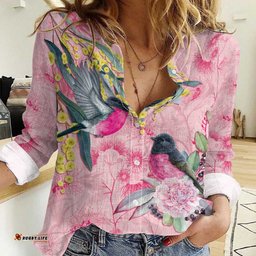 Birds and Floral Aussie Pink Robins Women Casual Shirt Rosy Glow LT7