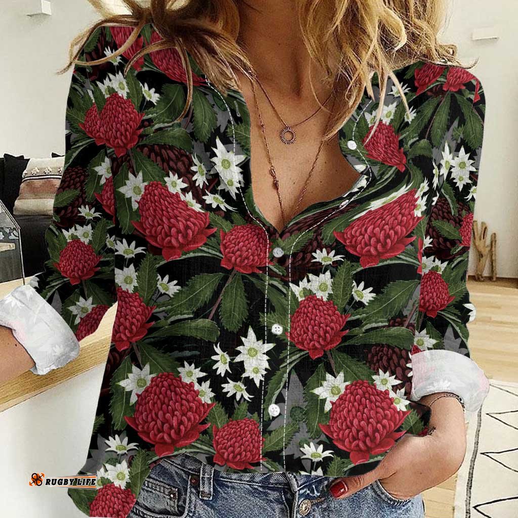 Australia Waratah Flannel Flower Women Casual Shirt Aussie Native Flowers Seamless Stylized LT14