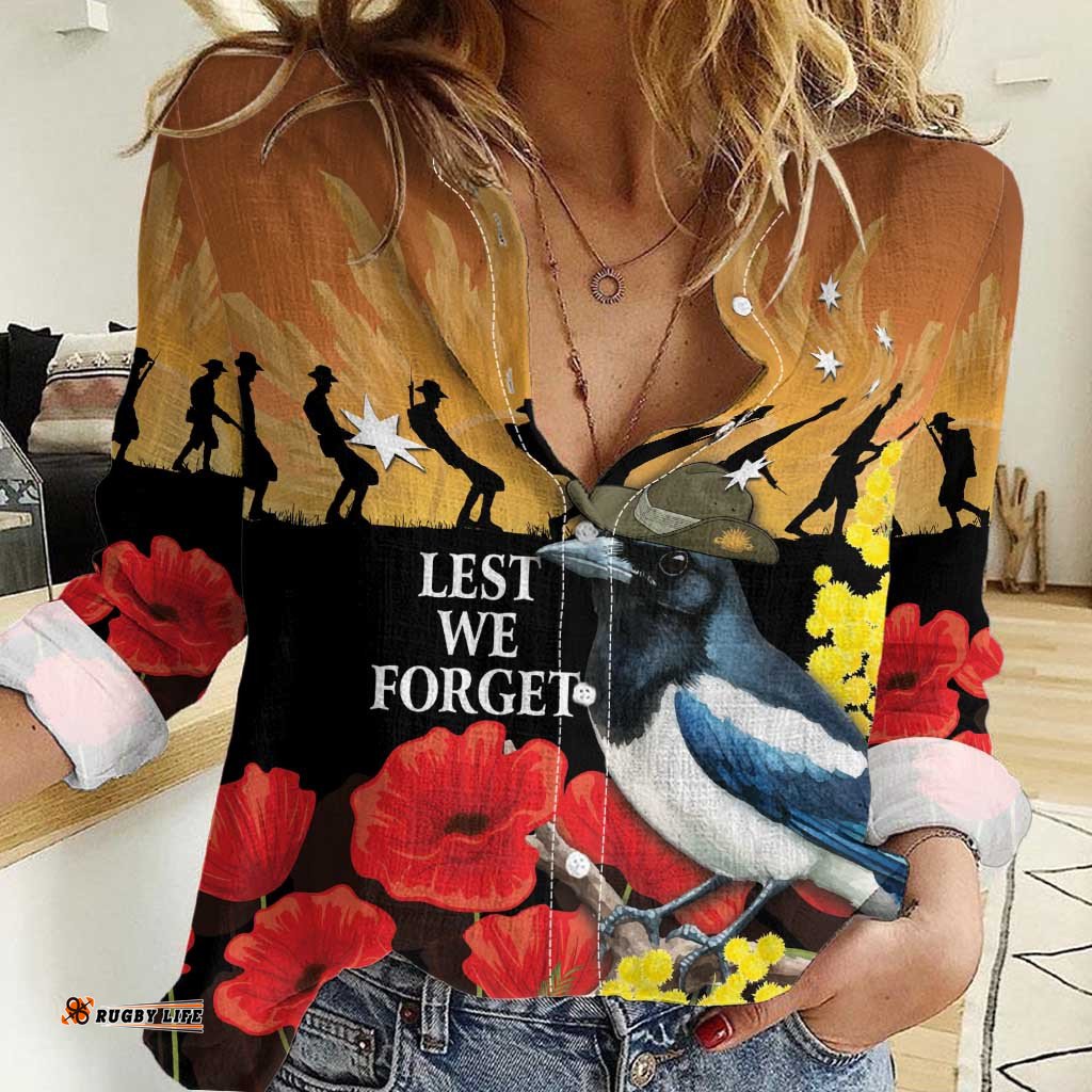 Australia Magpie ANZAC Day Women Casual Shirt Rising Sun 25th April Poppy Golden Wattle LT14