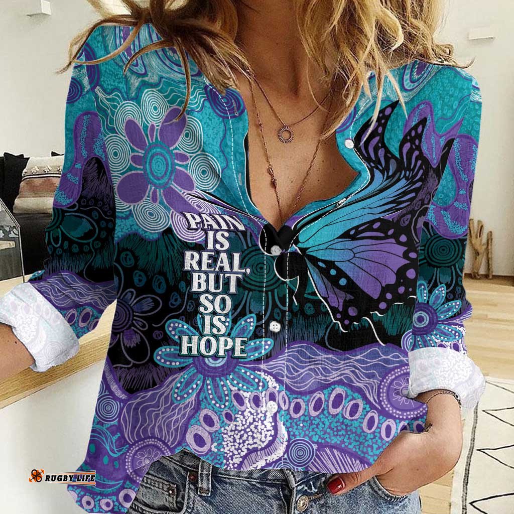 Australia Indigenous Teal Purple Contemporary Aboriginal Art Women Casual Shirt Hope Is Real LT7