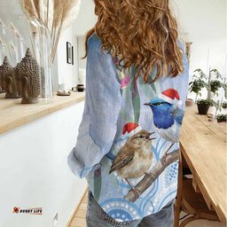Australia Superb Fairywren Christmas Women Casual Shirt Aboriginal Eucalyptus Blossoms Watercolor LT14