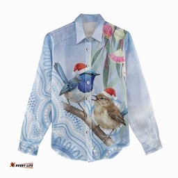 Australia Superb Fairywren Christmas Women Casual Shirt Aboriginal Eucalyptus Blossoms Watercolor LT14