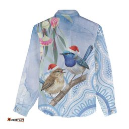 Australia Superb Fairywren Christmas Women Casual Shirt Aboriginal Eucalyptus Blossoms Watercolor LT14
