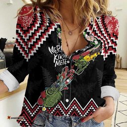 New Zealand Christmas Taniko Poutama Women Casual Shirt Flora Map with Birds LT7
