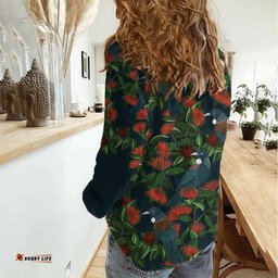 New Zealand Christmas Women Casual Shirt Romantic Tui Birds on Pohutukawa - Cobalt LT7