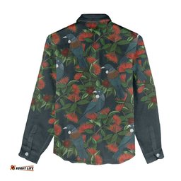 New Zealand Christmas Women Casual Shirt Romantic Tui Birds on Pohutukawa - Cobalt LT7
