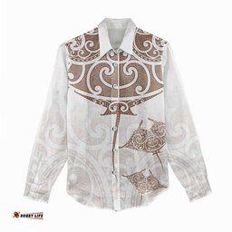 New Zealand Manta Ray Tattoo Women Casual Shirt Aotearoa Maori Haehae Beige LT14