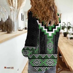 Green Taniko Pattern Aotearoa Women Casual Shirt Niho Taniwha Mix Poutama LT14