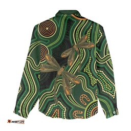Green Indigenous Dragonfly Australia Women Casual Shirt Aboriginal Art LT14