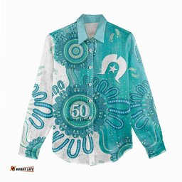 NAIDOC Week 2026 Women Casual Shirt 50 Years Deadly Dhari Cyan Aboriginal Art LT14