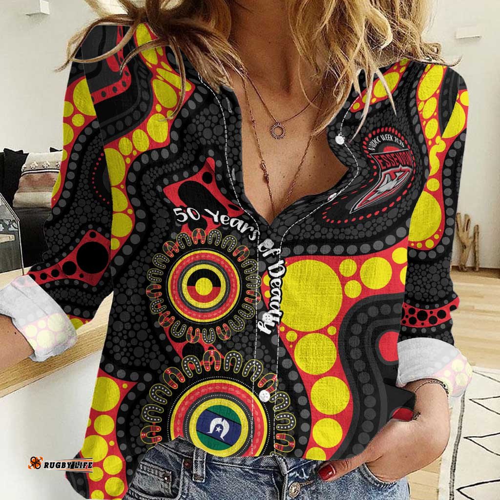 Essendon Bombers NAIDOC Week 2026 Personalised Women Casual Shirt 50 Years of Deadly Aboriginal Art LT14