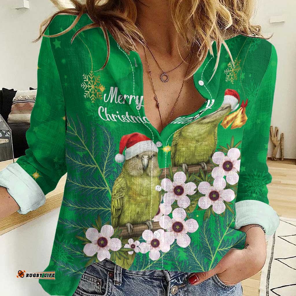 New Zealand Kakapo Christmas Women Casual Shirt Owl Parrot Santa Sliver Fern Manuka - Green LT14
