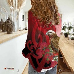 New Zealand Parrot Kaka Women Casual Shirt Maori Koru With Pohutukawa Flowers LT05