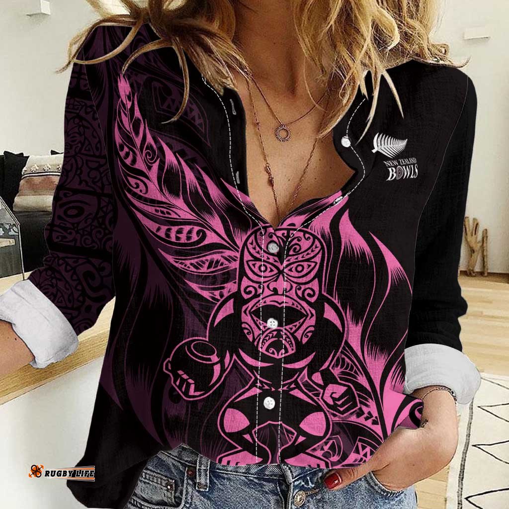 New Zealand Lawn Bowls Custom Women Casual Shirt Pink Maori Warrior Tribal Silver Fern LT9