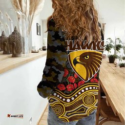 Hawthorn Hawks ANZAC Day Women Casual Shirt Indigenous Dot Art with Poppy Flower Tribute TS04