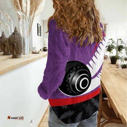 Personalised Aotearoa Lawn Bowls Women Casual Shirt Maori and Silver Fern Sporty Style Purple Color LT03
