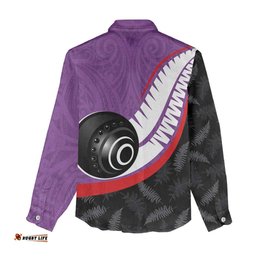 Personalised Aotearoa Lawn Bowls Women Casual Shirt Maori and Silver Fern Sporty Style Purple Color LT03