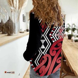 New Zealand Women Casual Shirt Aotearoa Kowhaiwhai Mix Taniko Art - Red LT14