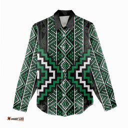 Jade Tukutuku Pattern Aotearoa Women Casual Shirt Niho Taniwha and Puhoro Motifs LT7