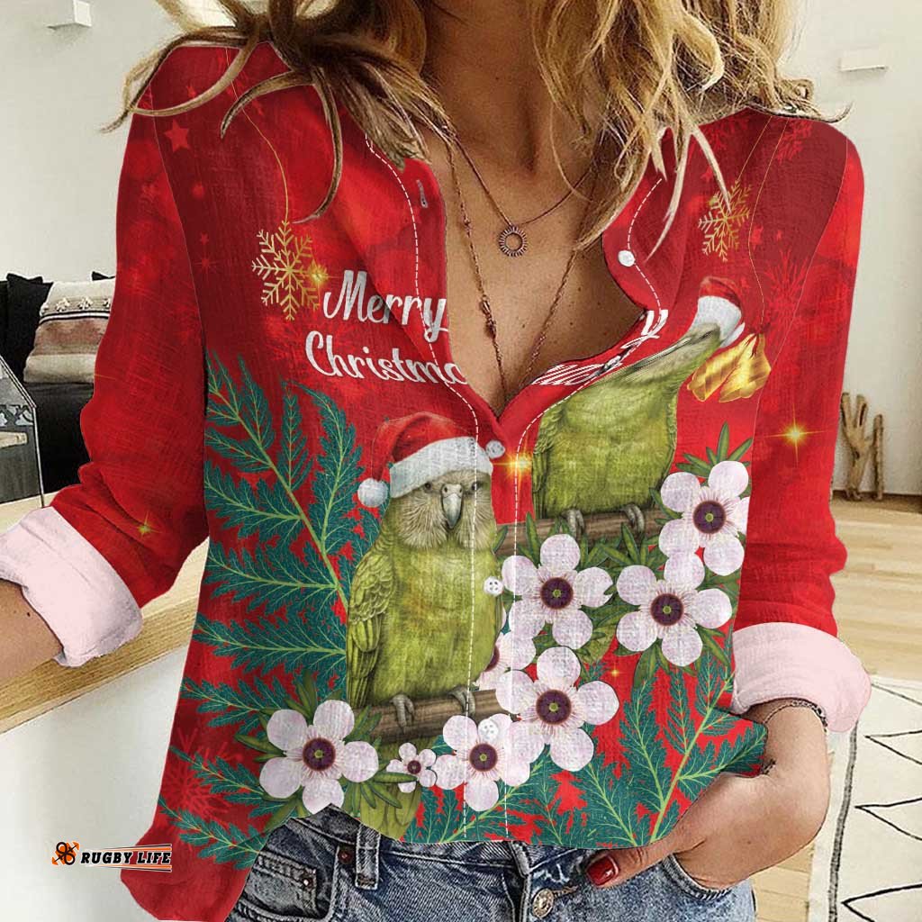 New Zealand Kakapo Christmas Women Casual Shirt Owl Parrot Santa Sliver Fern Manuka - Red LT14