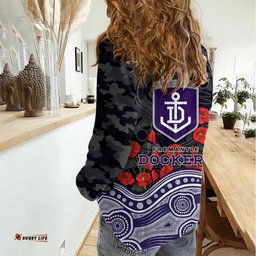 Fremantle Dockers ANZAC Day Women Casual Shirt Indigenous Dot Art with Poppy Flower Tribute TS04