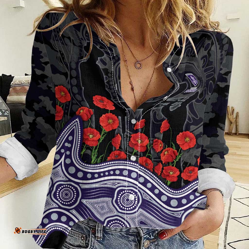 Fremantle Dockers ANZAC Day Women Casual Shirt Indigenous Dot Art with Poppy Flower Tribute TS04