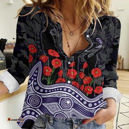 Fremantle Dockers ANZAC Day Women Casual Shirt Indigenous Dot Art with Poppy Flower Tribute TS04