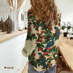New Zealand Christmas Women Casual Shirt Romantic Tui Birds on Pohutukawa - Ivory LT7