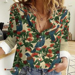 New Zealand Christmas Women Casual Shirt Romantic Tui Birds on Pohutukawa - Ivory LT7